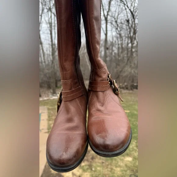 Clarks Brown Leather Riding Boots Harness Strap Mid Calf Women’s 8 Classic - Picture 4 of 14